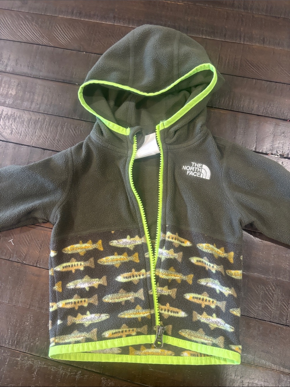 The North Face Olive Green Fleece Hoodie with Neon Trim and Fish Print